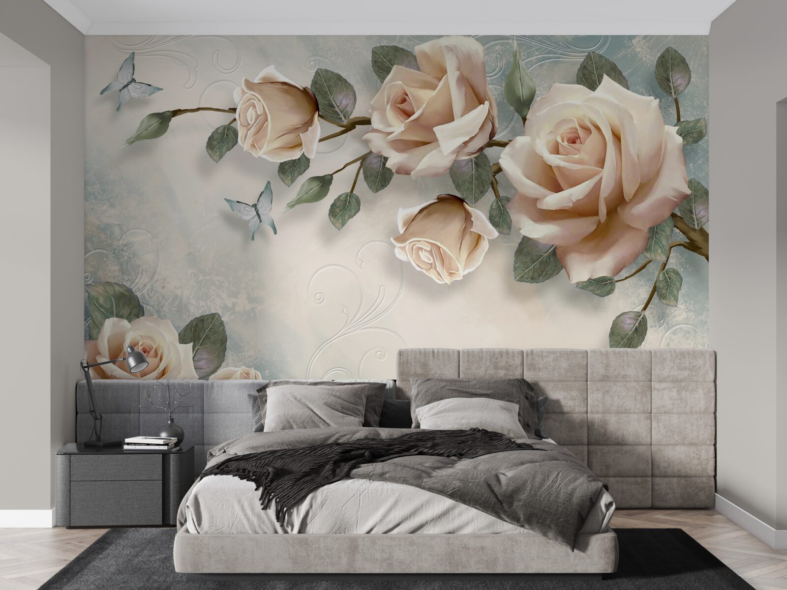 Fotobehang perzikroos en witte vlinders vliegen voorbij