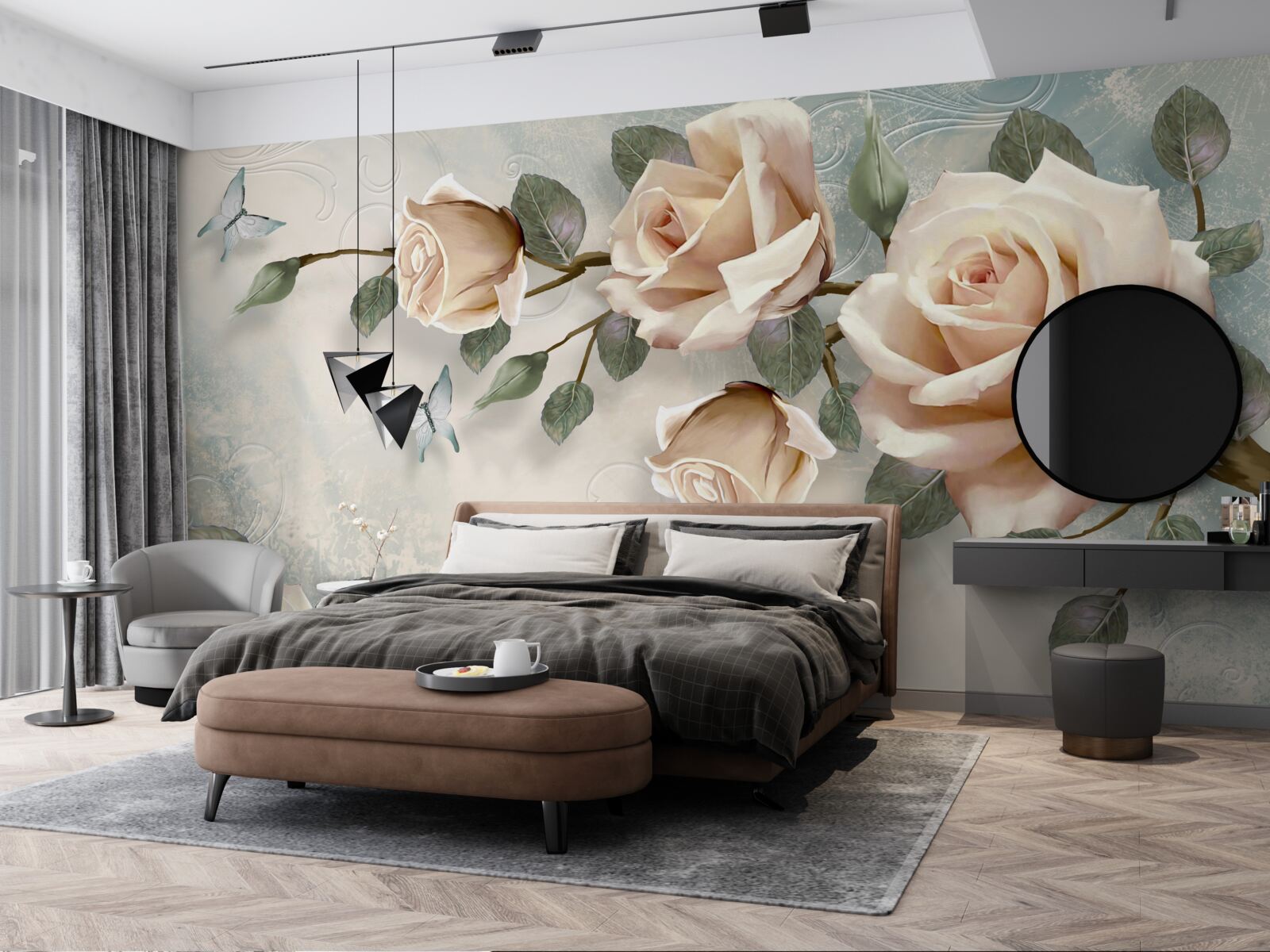 Fotobehang perzikroos en witte vlinders vliegen voorbij