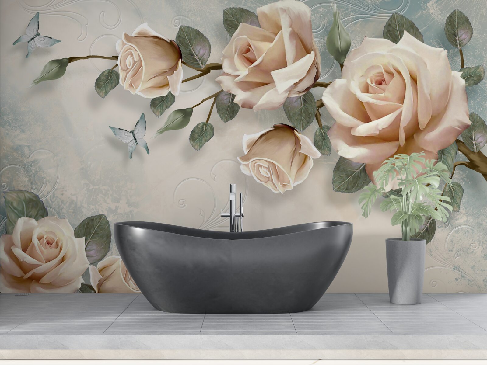 Fotobehang perzikroos en witte vlinders vliegen voorbij