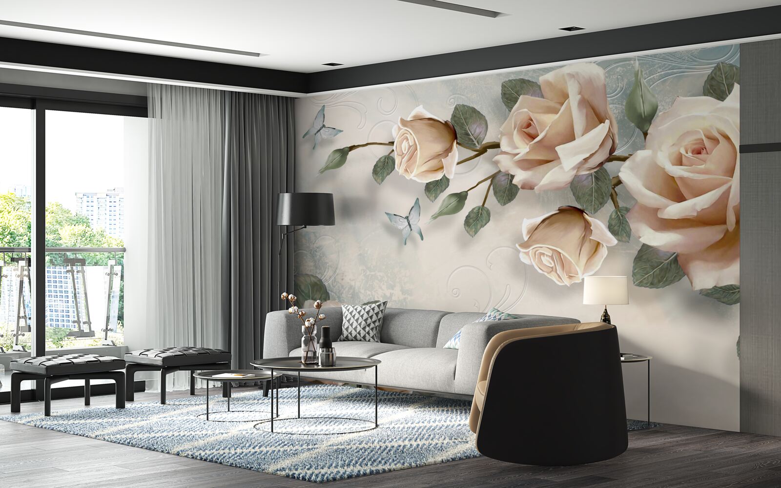 Fotobehang perzikroos en witte vlinders vliegen voorbij