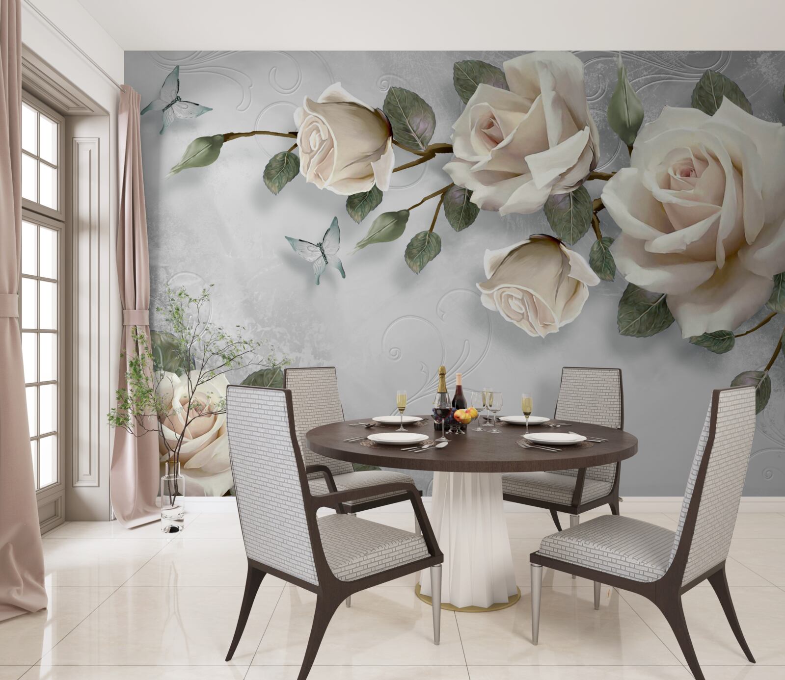 Fotobehang takken van een fijn bloeiende roos