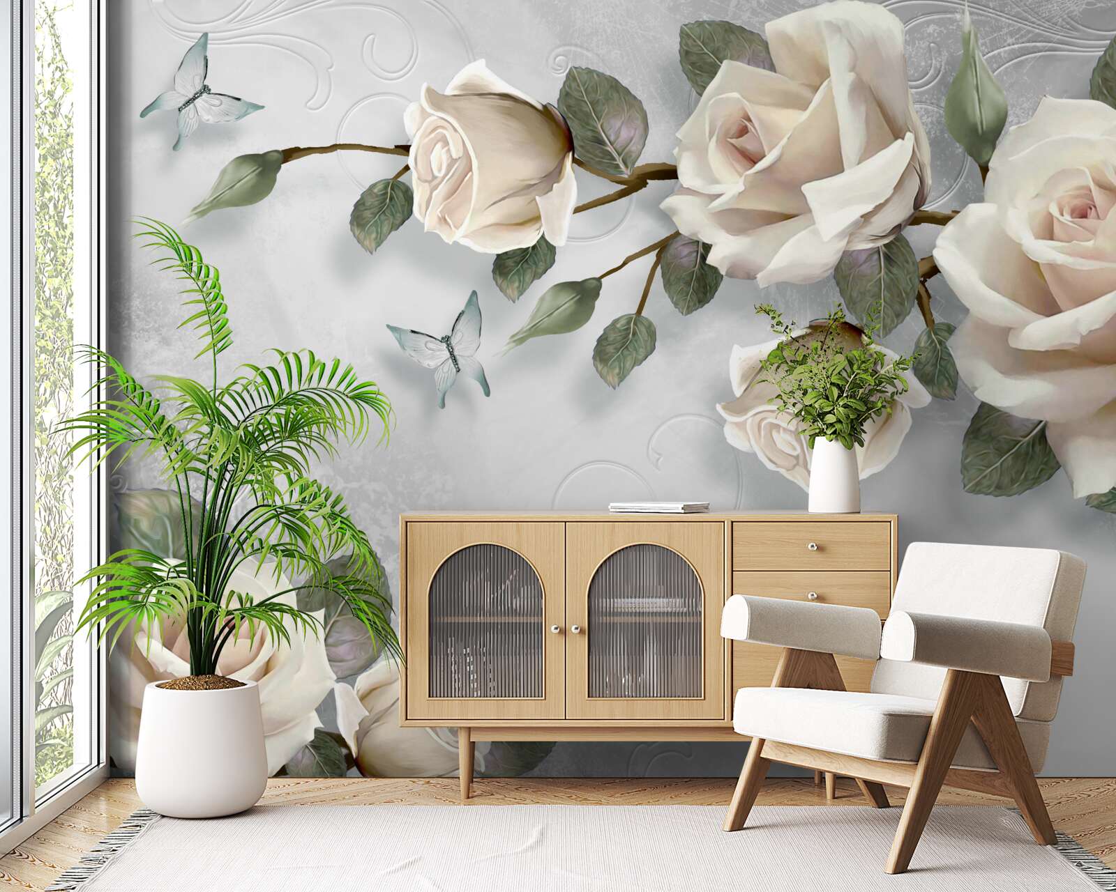 Fotobehang takken van een fijn bloeiende roos