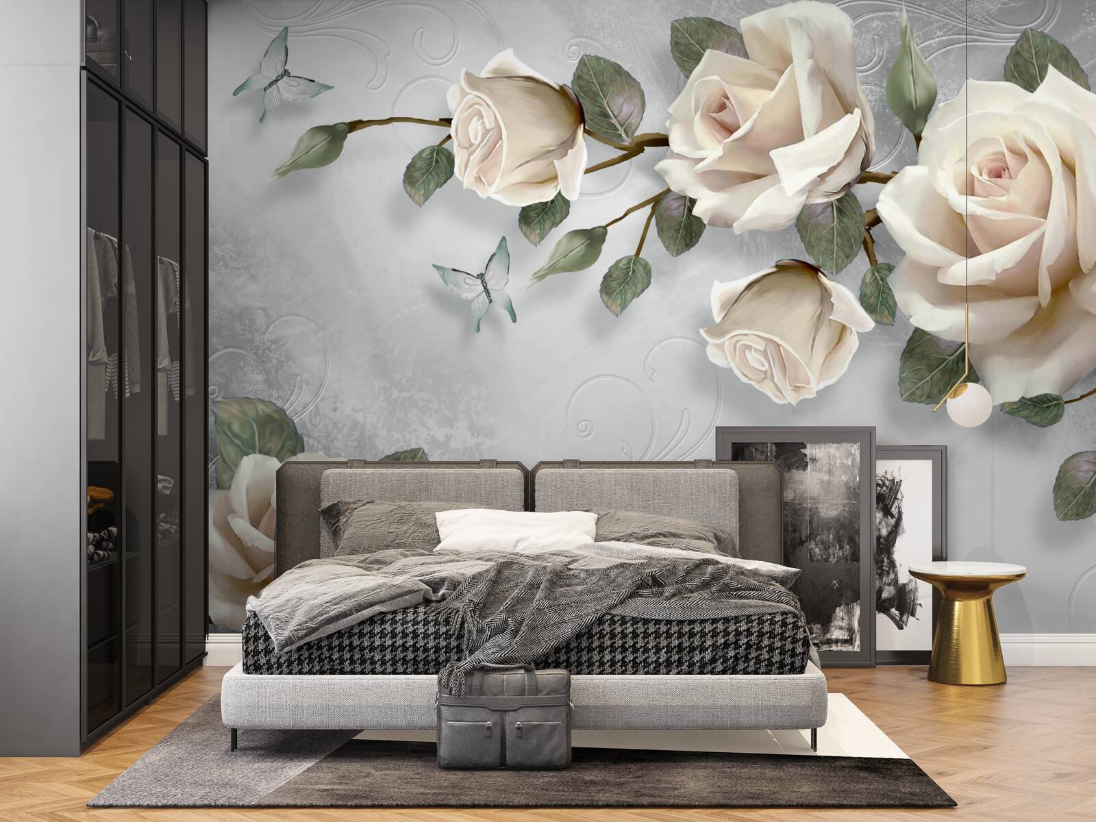 Fotobehang takken van een fijn bloeiende roos