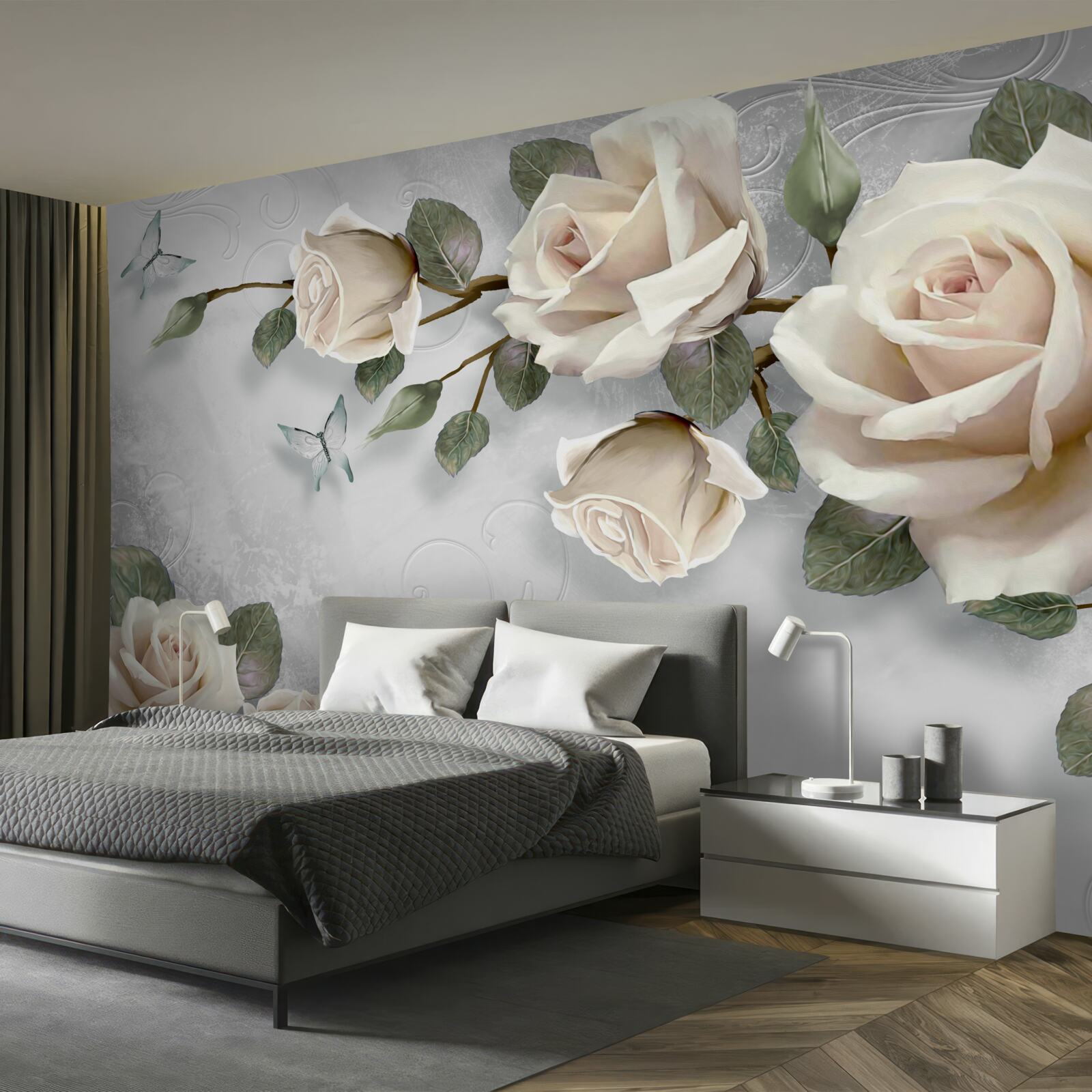 Fotobehang takken van een fijn bloeiende roos