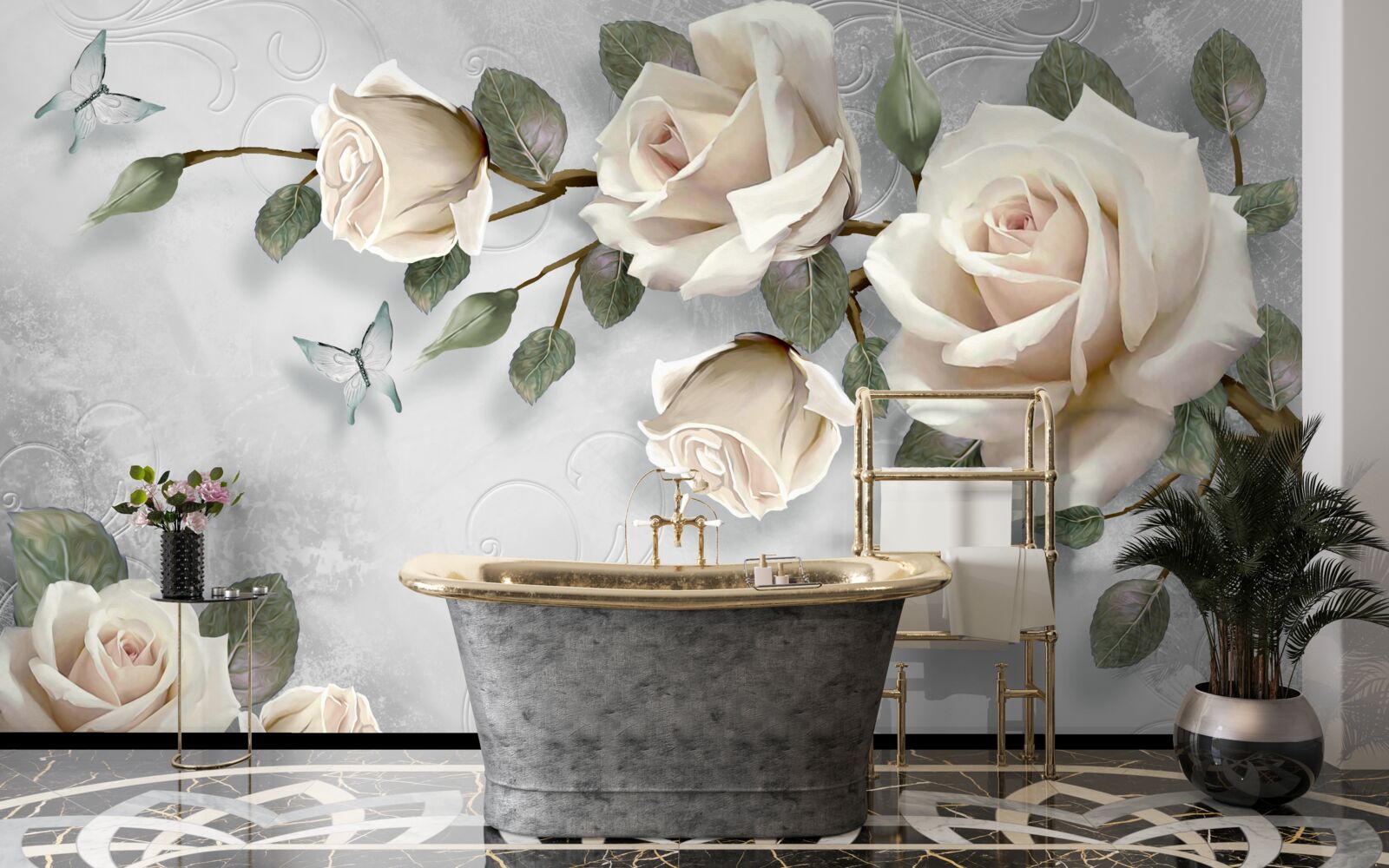 Fotobehang takken van een fijn bloeiende roos