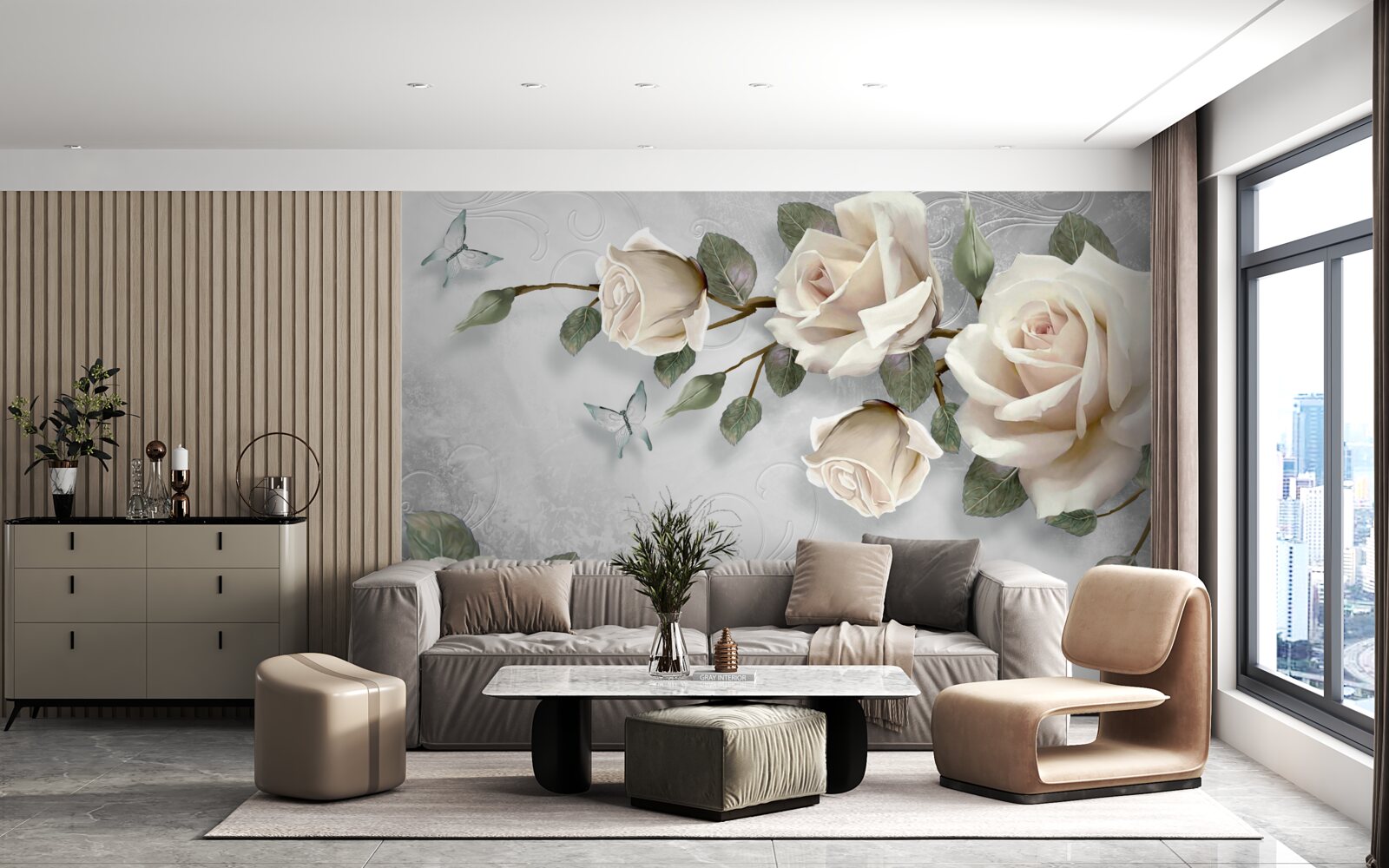 Fotobehang takken van een fijn bloeiende roos