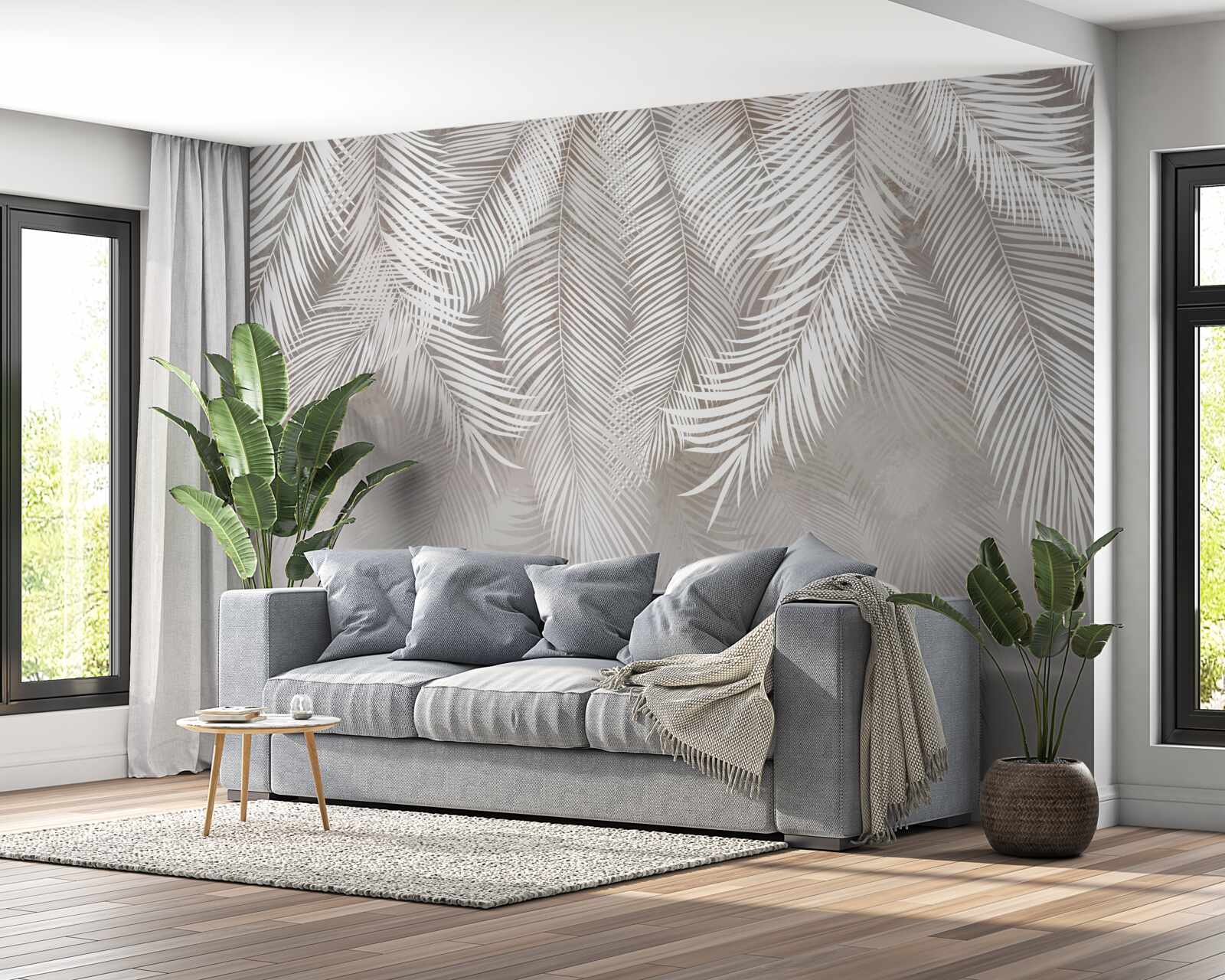 Fotobehang lichtgrijze bladeren vallen