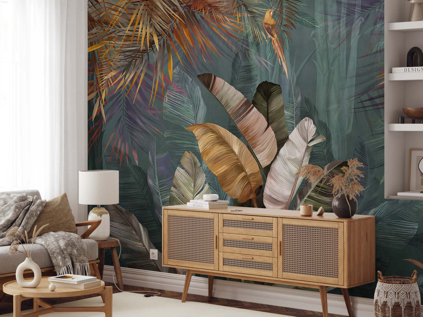 Fotobehang in de tropen wegen bladeren evenveel als fijne veren