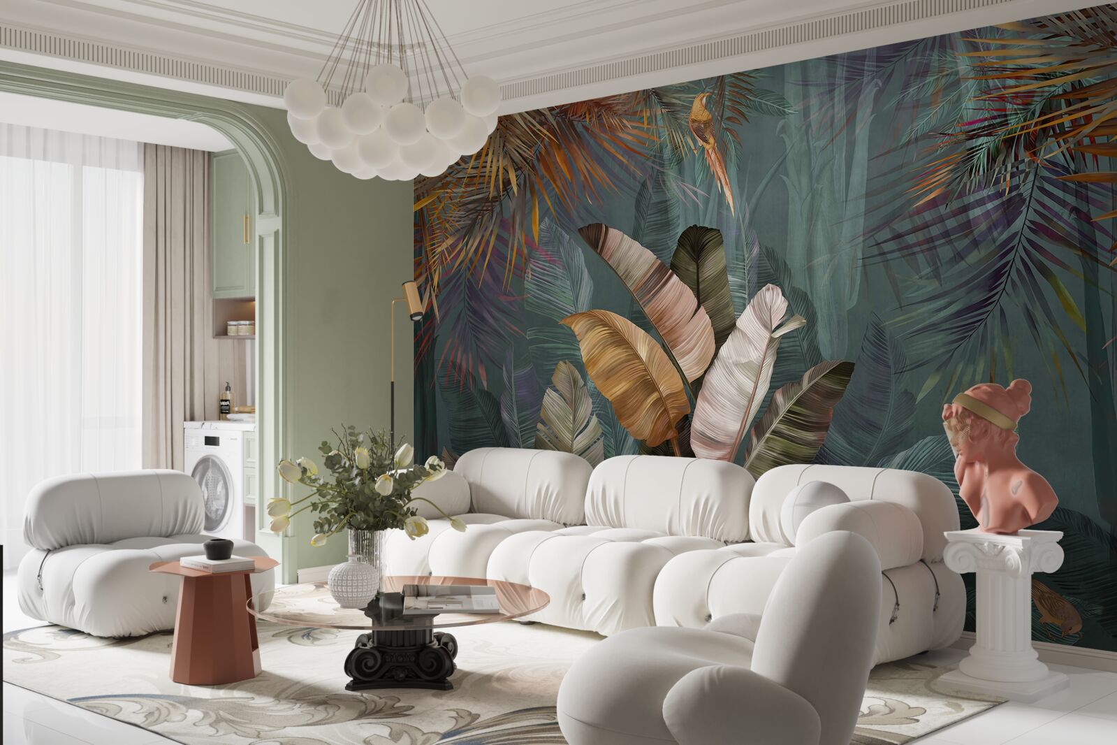 Fotobehang in de tropen wegen bladeren evenveel als fijne veren