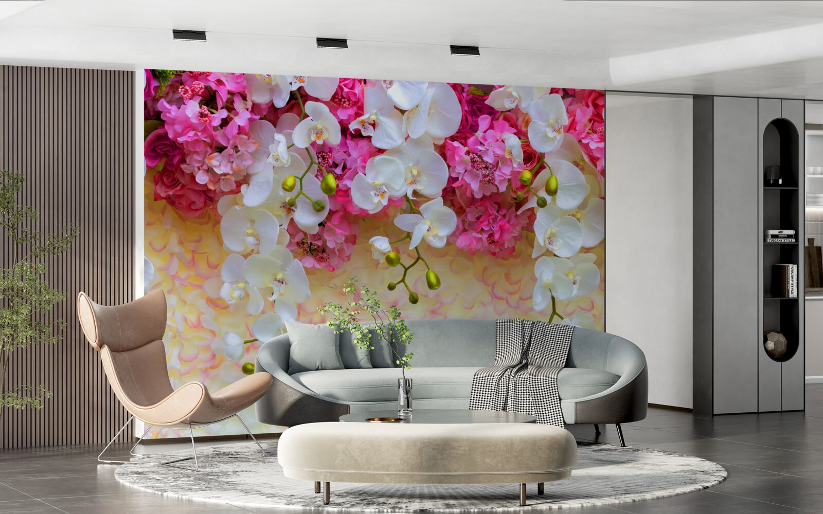 Fotobehang orchideeën waarvan de bloemen afhangen