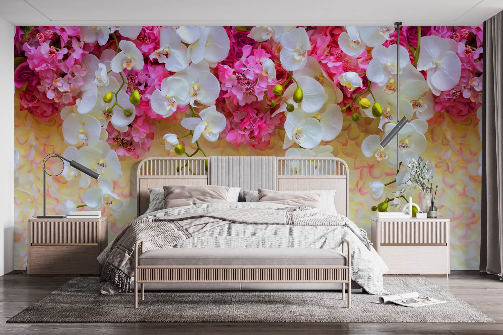 Fotobehang orchideeën waarvan de bloemen afhangen