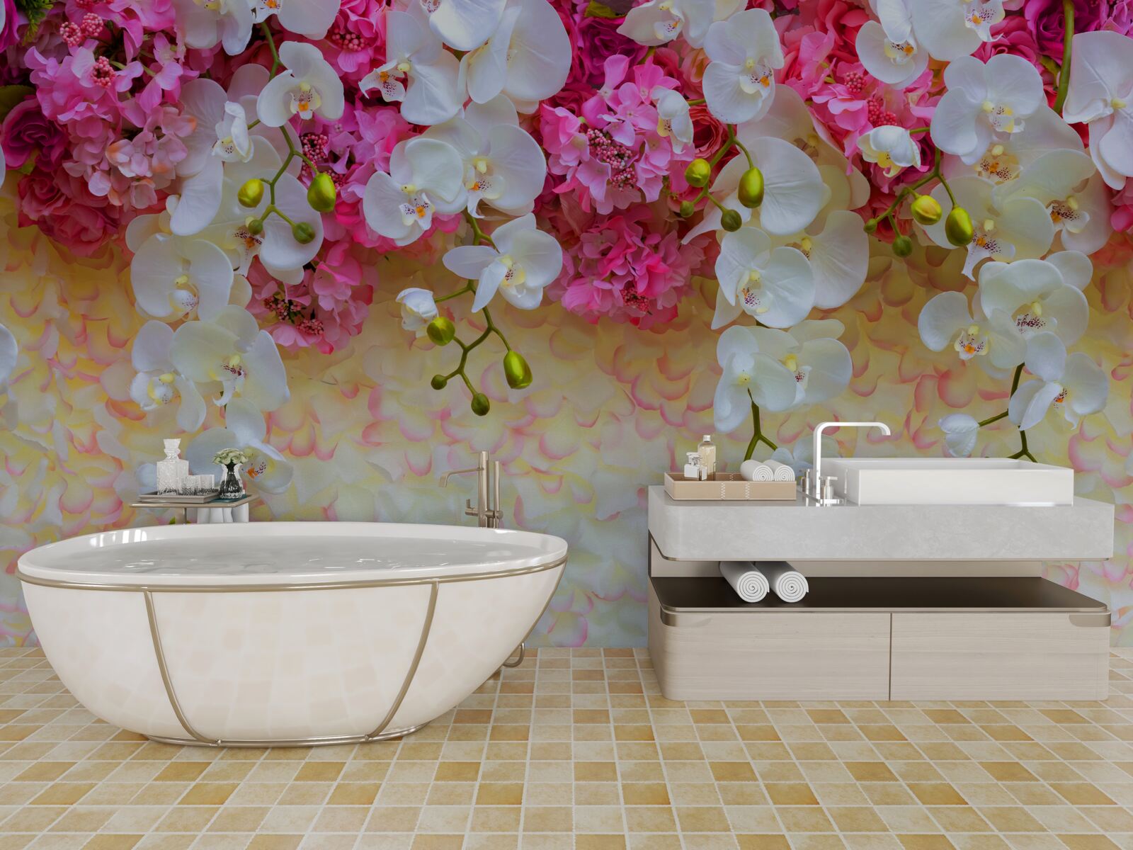 Fotobehang orchideeën waarvan de bloemen afhangen