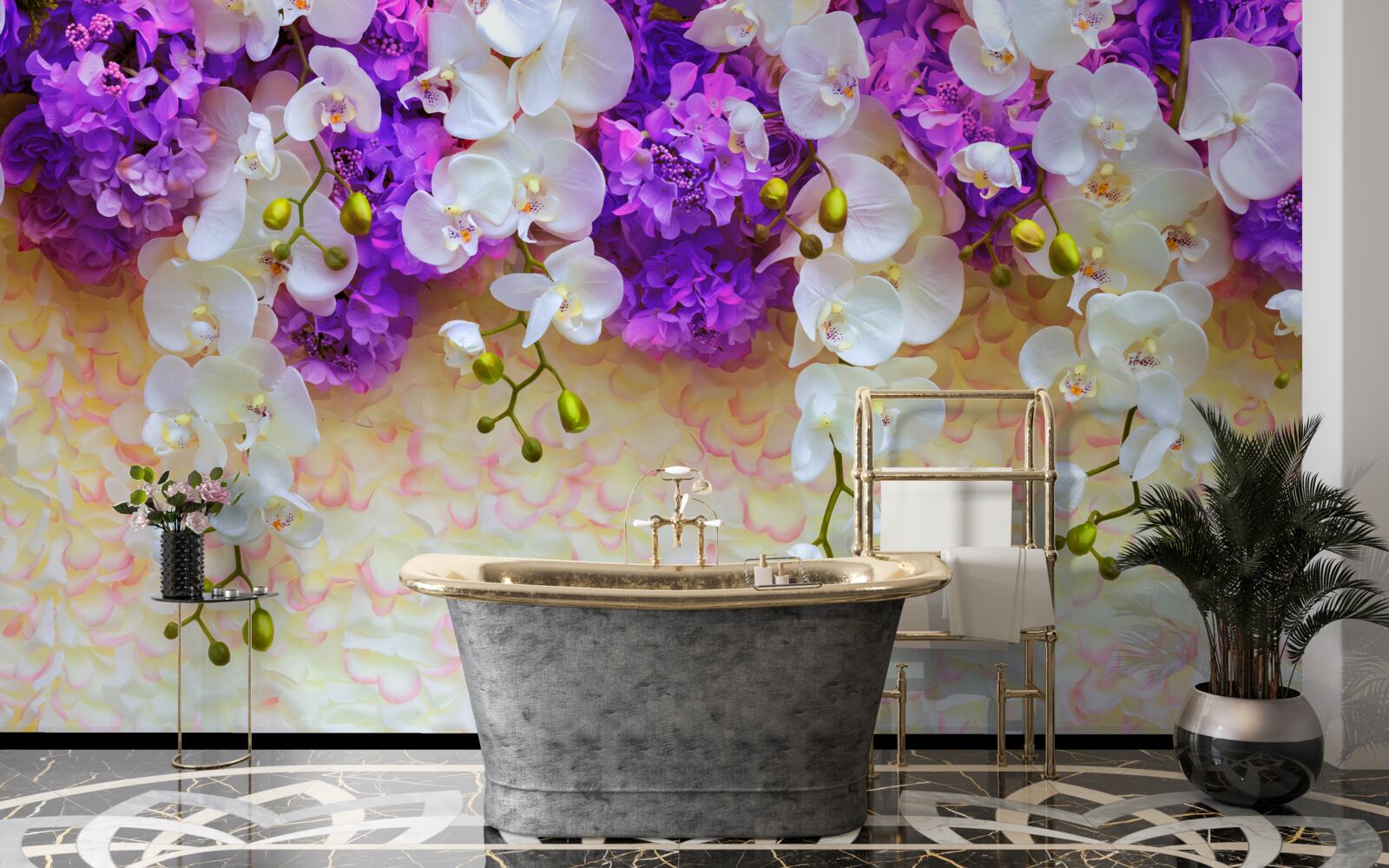 Fotobehang Sneeuwwitte orchideeën en lila bloesems