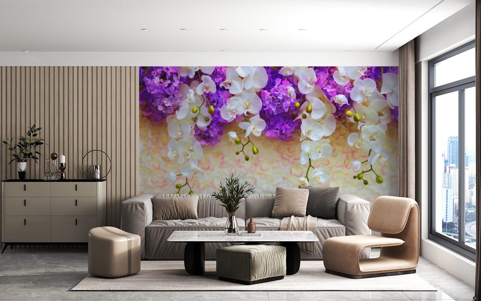 Fotobehang Sneeuwwitte orchideeën en lila bloesems