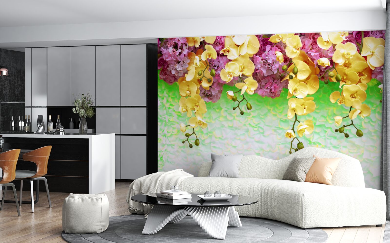 Fotobehang brandbare geelrode bloemknoppen op een bleke basis