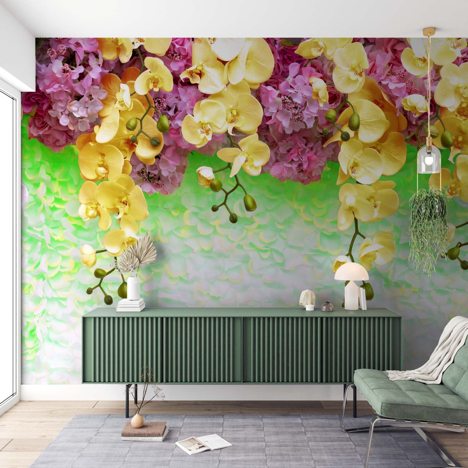 Fotobehang brandbare geelrode bloemknoppen op een bleke basis