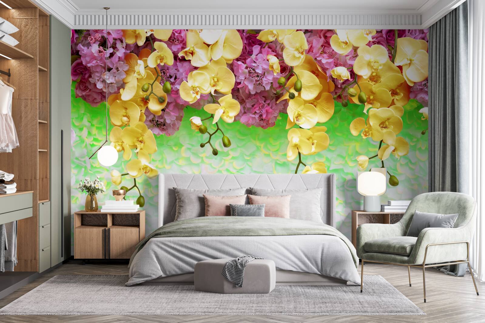 Fotobehang brandbare geelrode bloemknoppen op een bleke basis