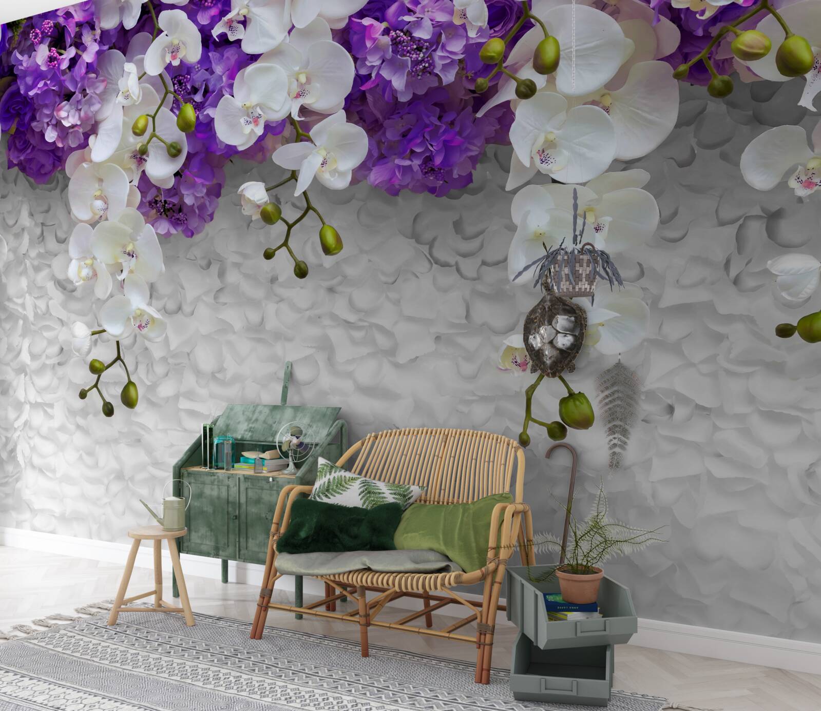 Fotobehang barrière van paarse planten en witte orchidee