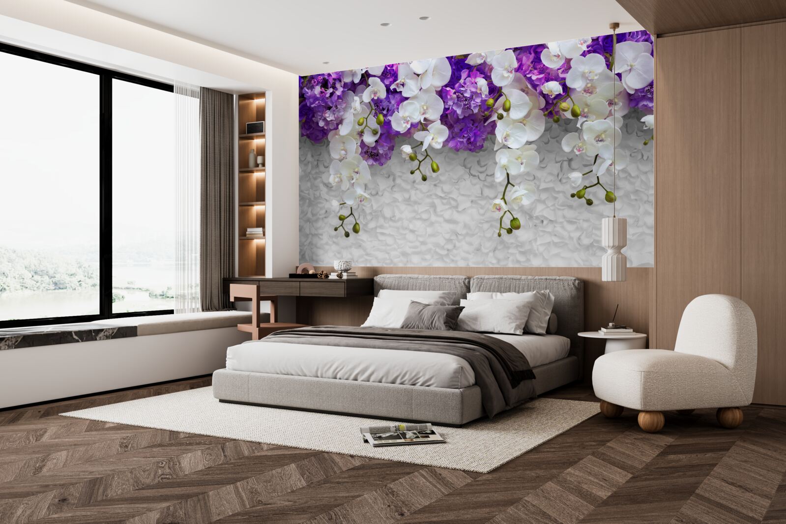 Fotobehang barrière van paarse planten en witte orchidee