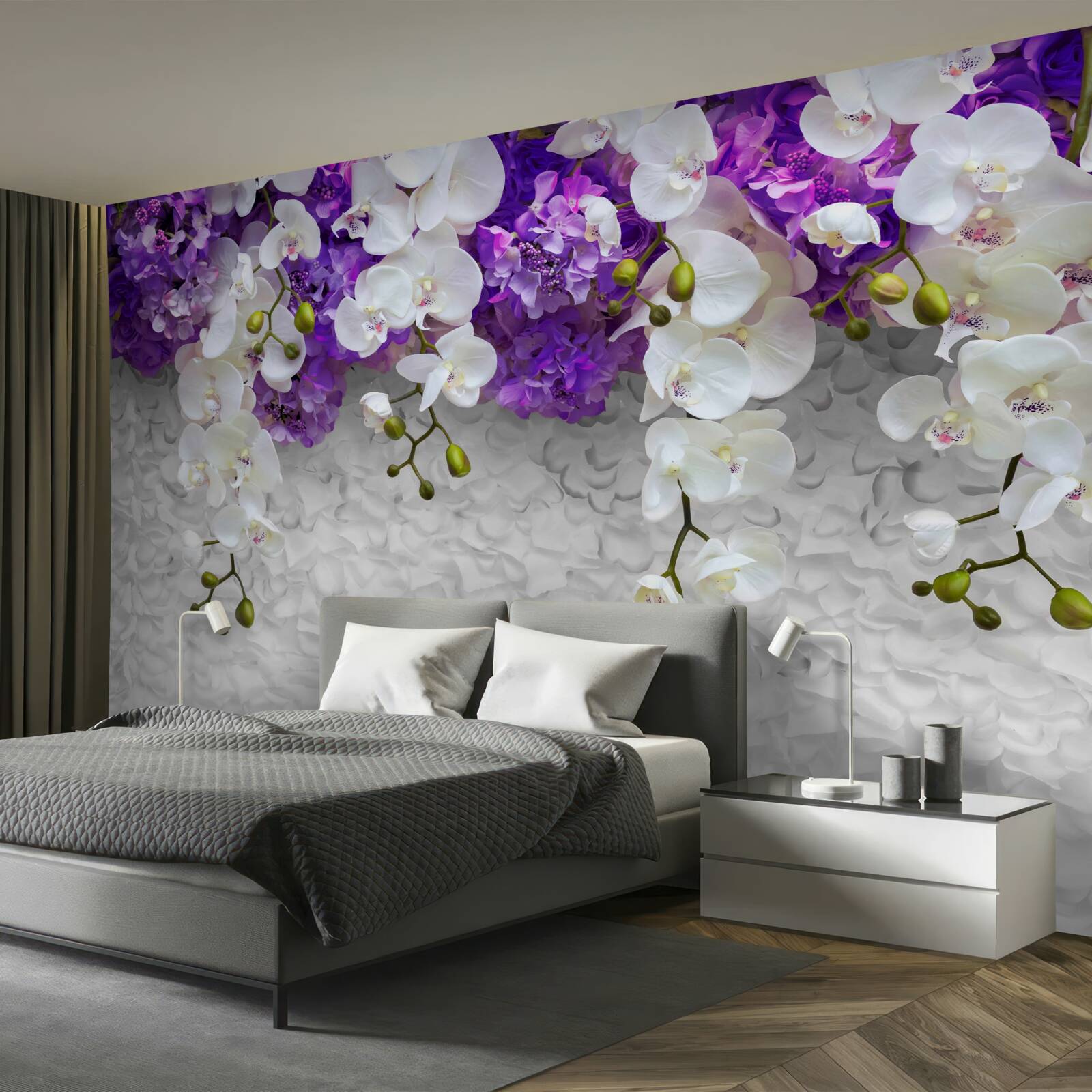 Fotobehang barrière van paarse planten en witte orchidee