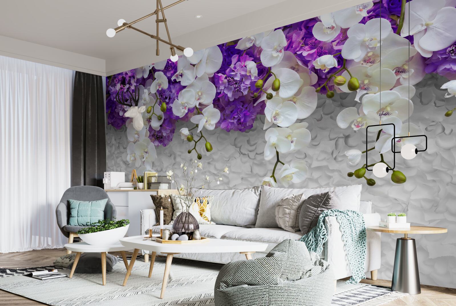 Fotobehang barrière van paarse planten en witte orchidee