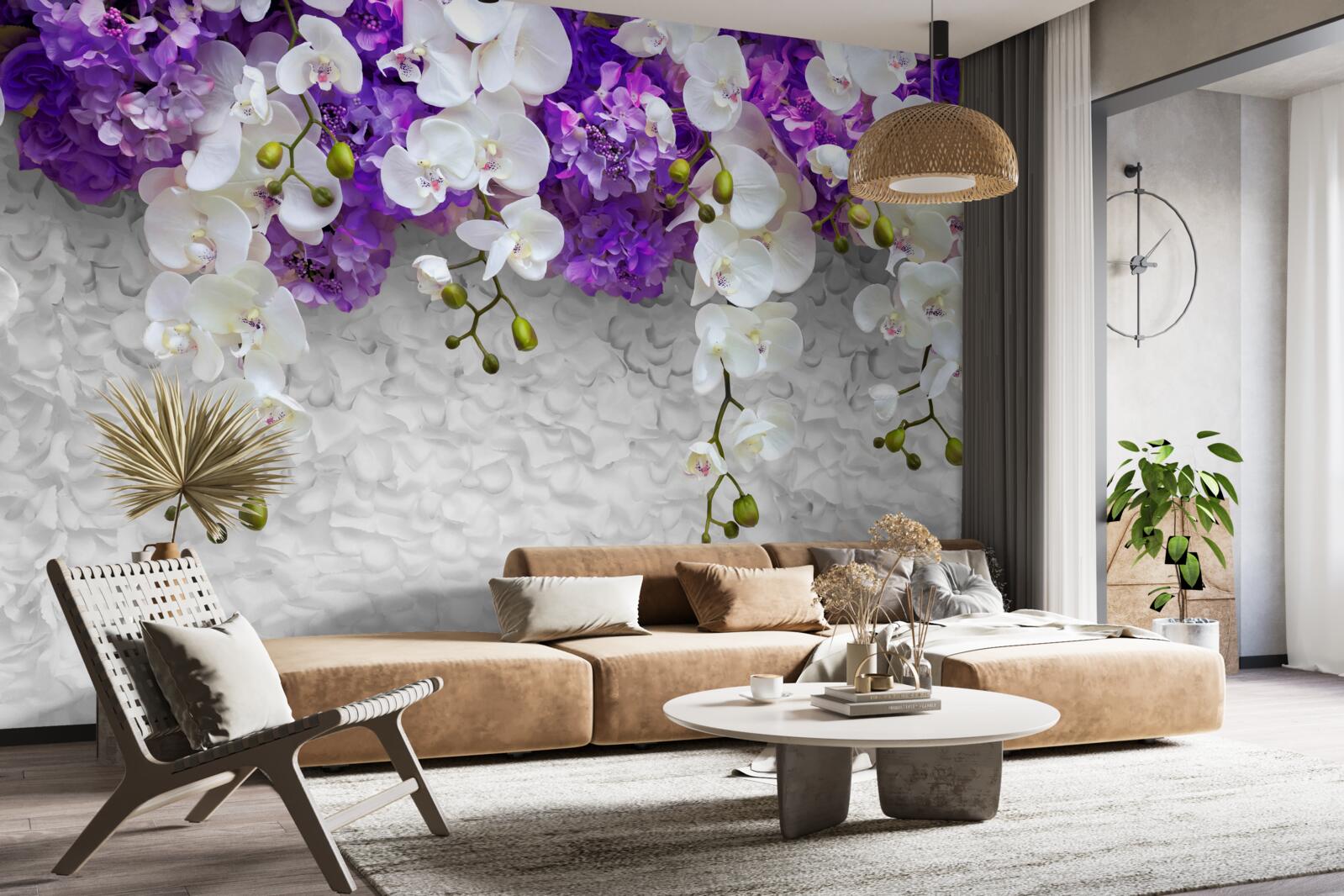 Fotobehang barrière van paarse planten en witte orchidee