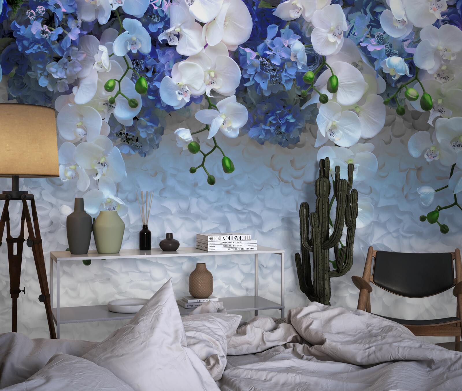 Fotobehang vallende blauwe en witte bloemen