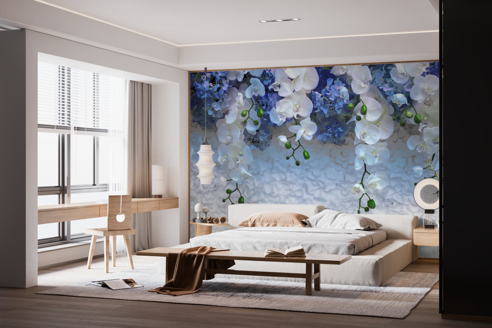 Fotobehang vallende blauwe en witte bloemen