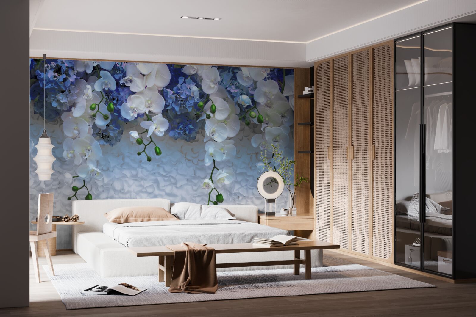 Fotobehang vallende blauwe en witte bloemen