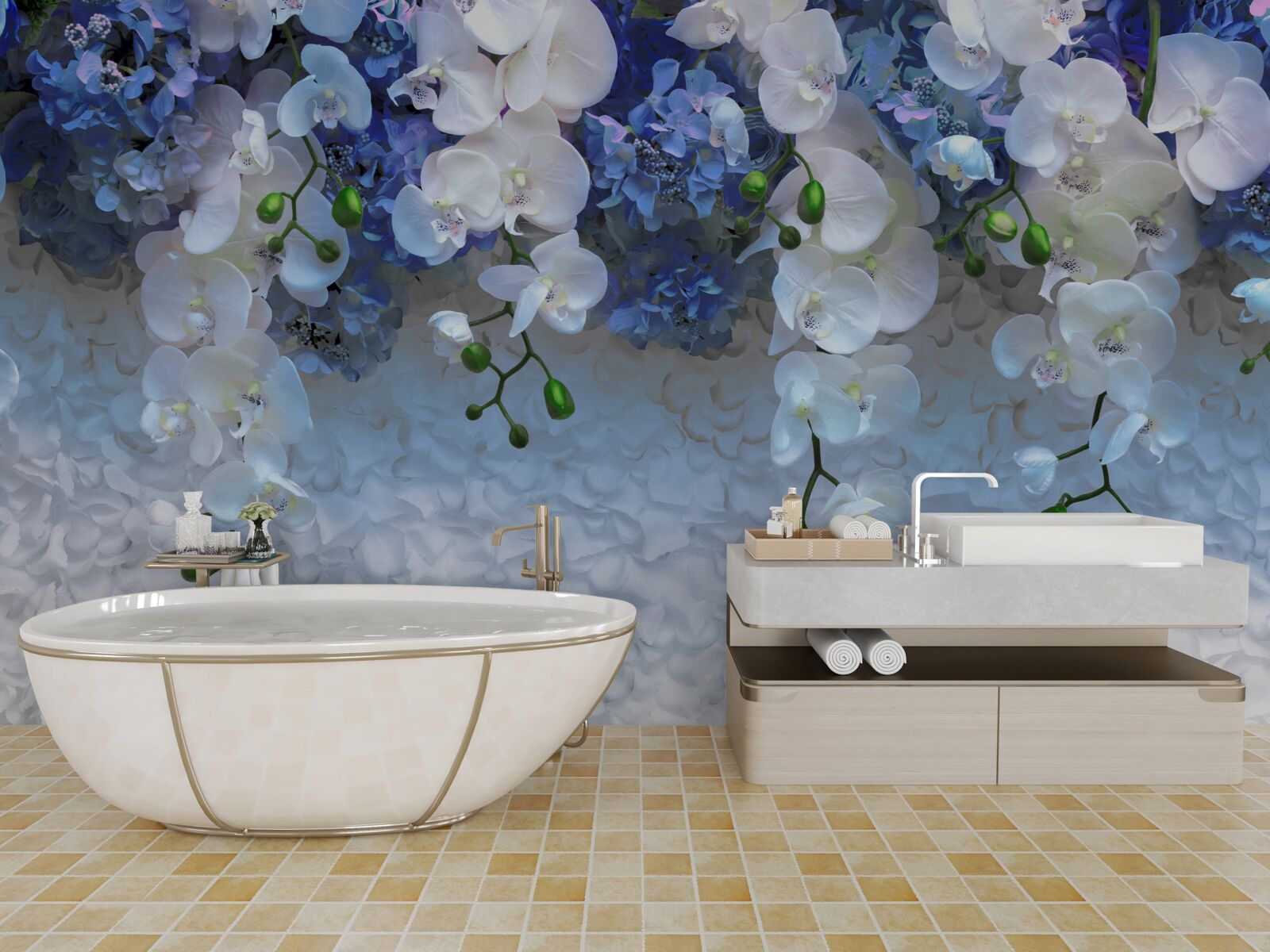 Fotobehang vallende blauwe en witte bloemen