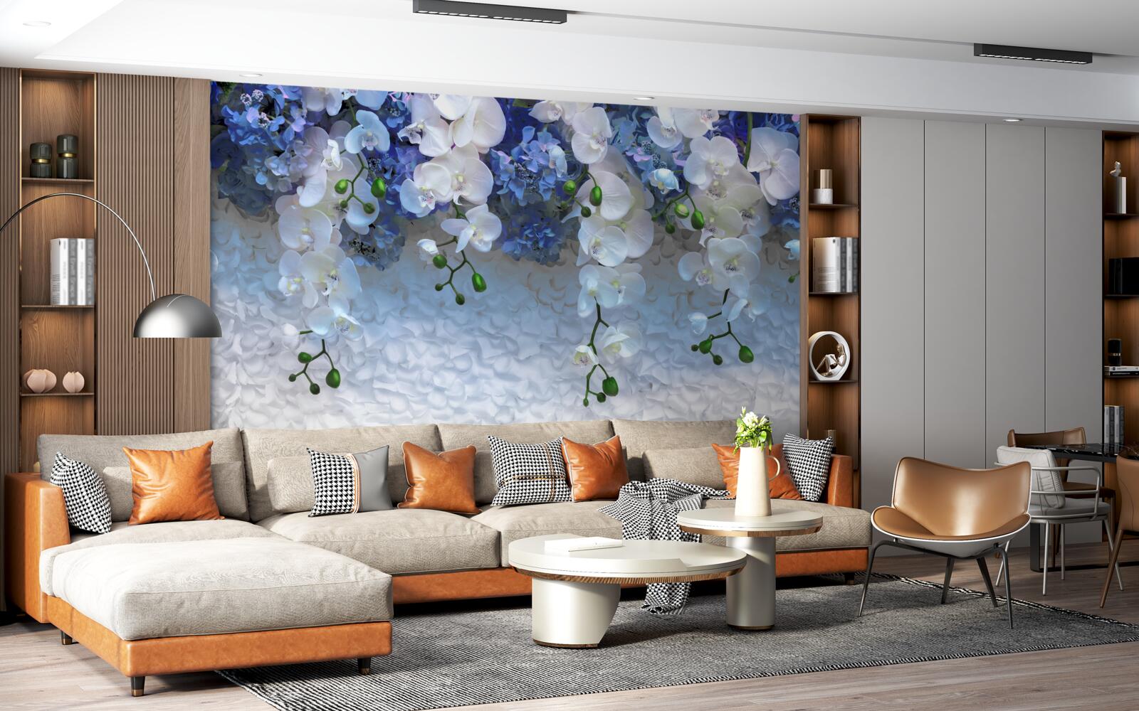 Fotobehang vallende blauwe en witte bloemen