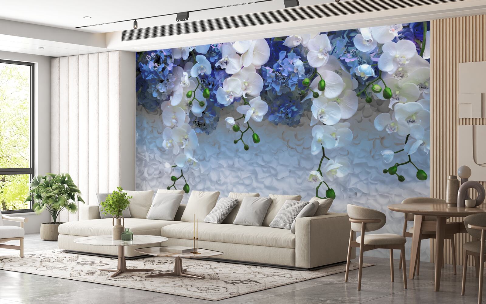 Fotobehang vallende blauwe en witte bloemen