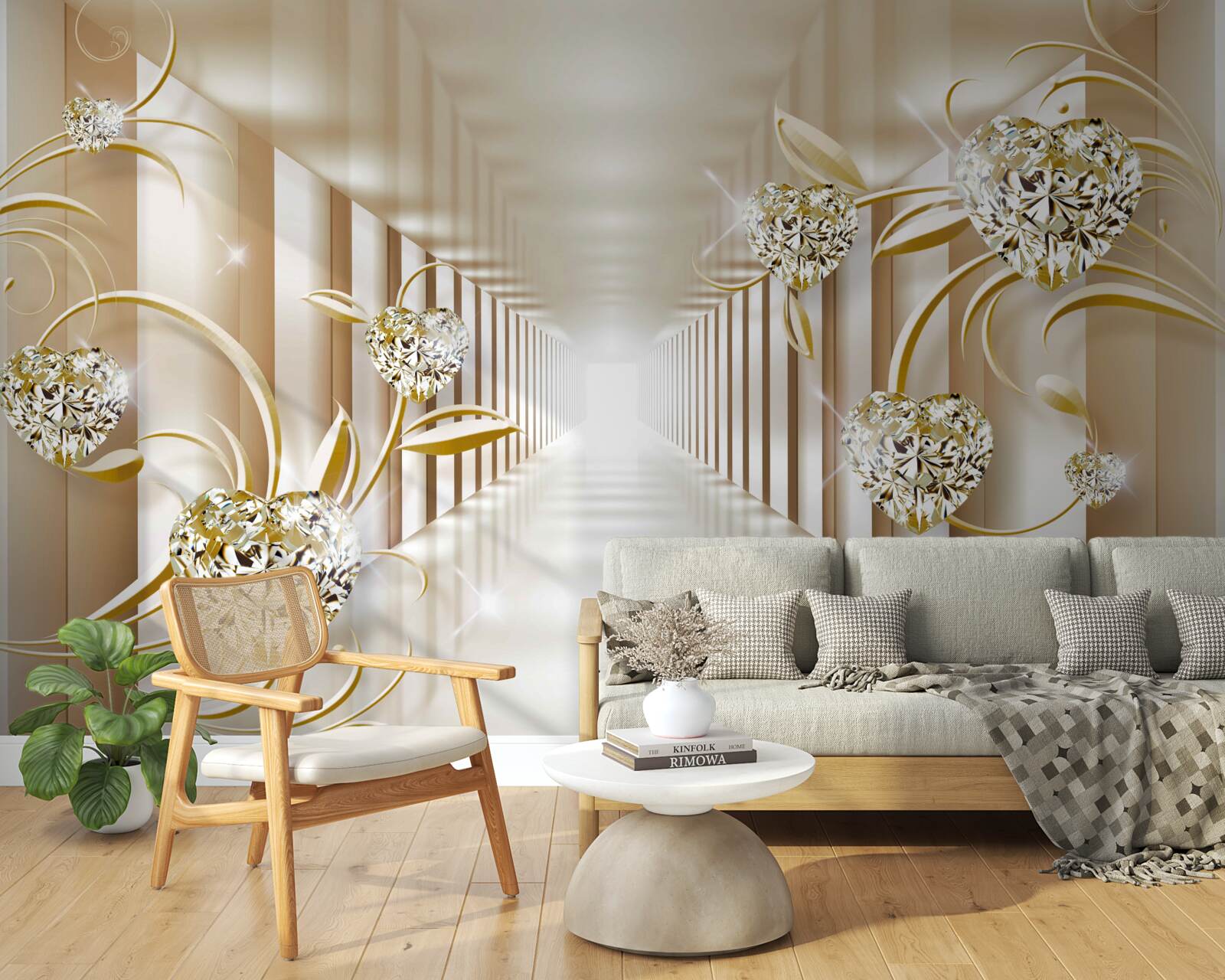 Fotobehang gang met gouden decoraties en abstracte zuilen