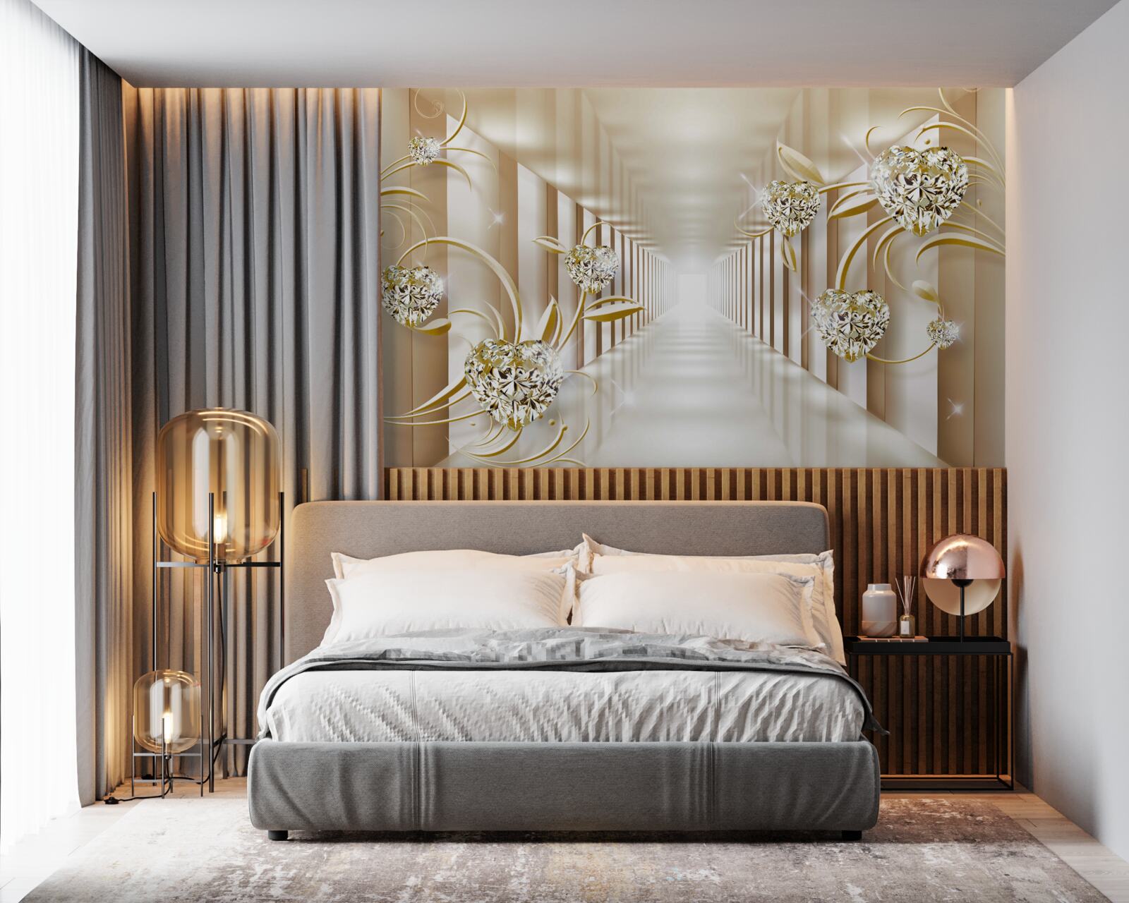 Fotobehang gang met gouden decoraties en abstracte zuilen