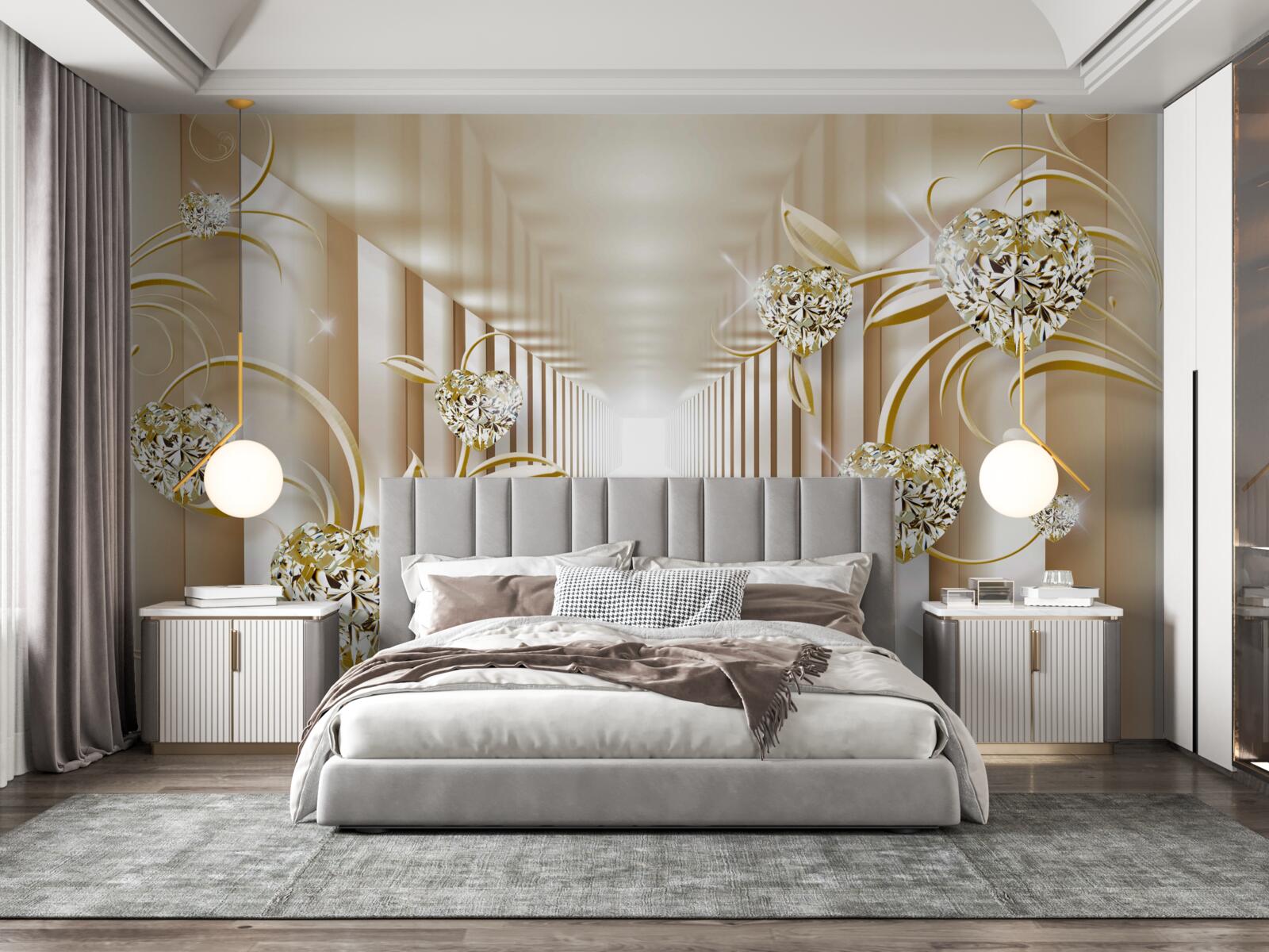 Fotobehang gang met gouden decoraties en abstracte zuilen