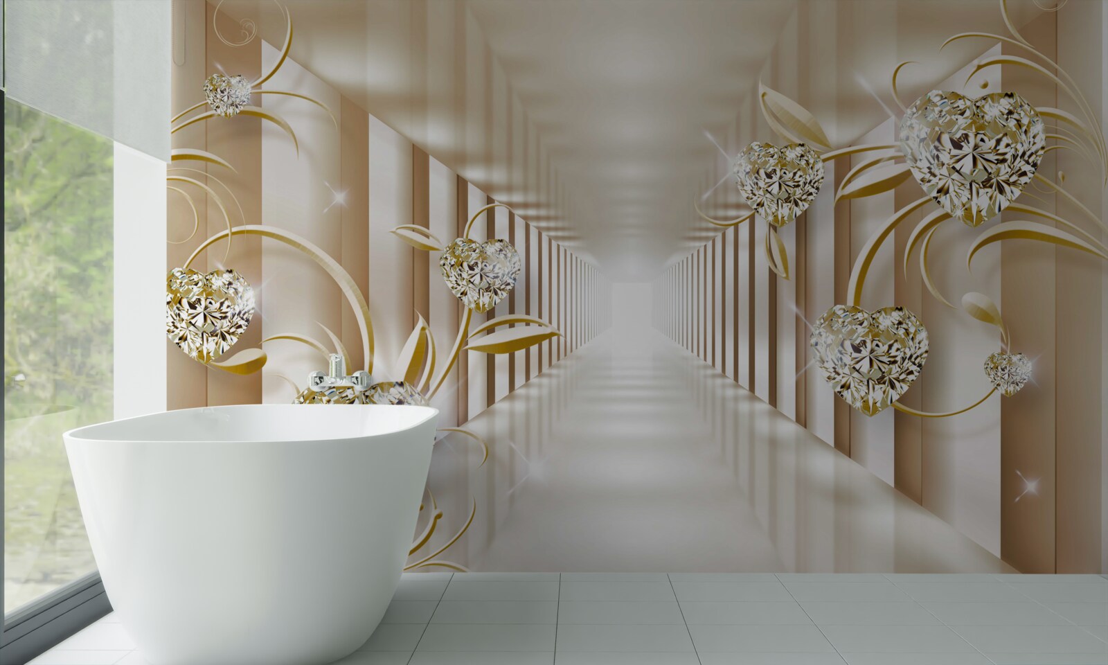 Fotobehang gang met gouden decoraties en abstracte zuilen