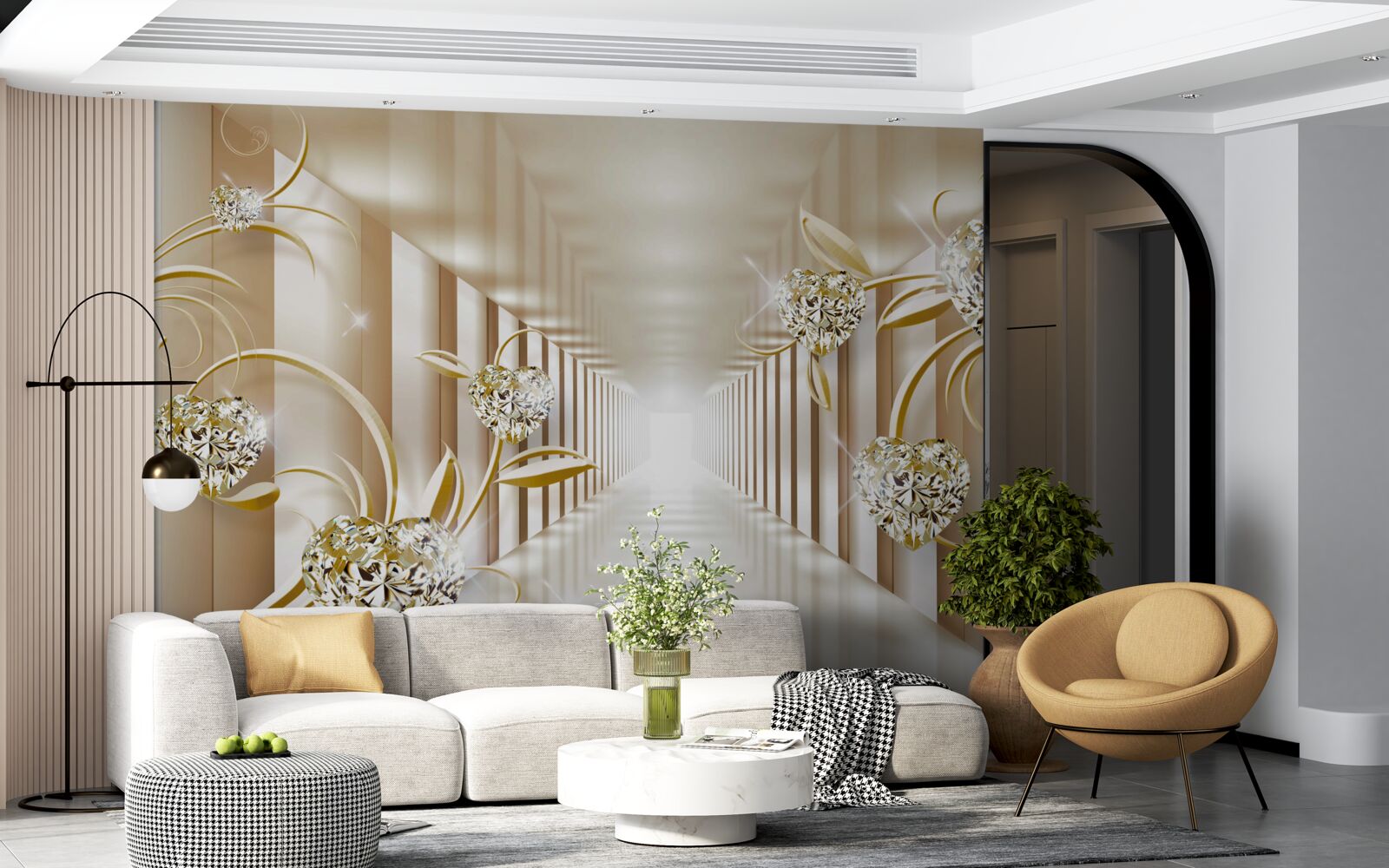 Fotobehang gang met gouden decoraties en abstracte zuilen