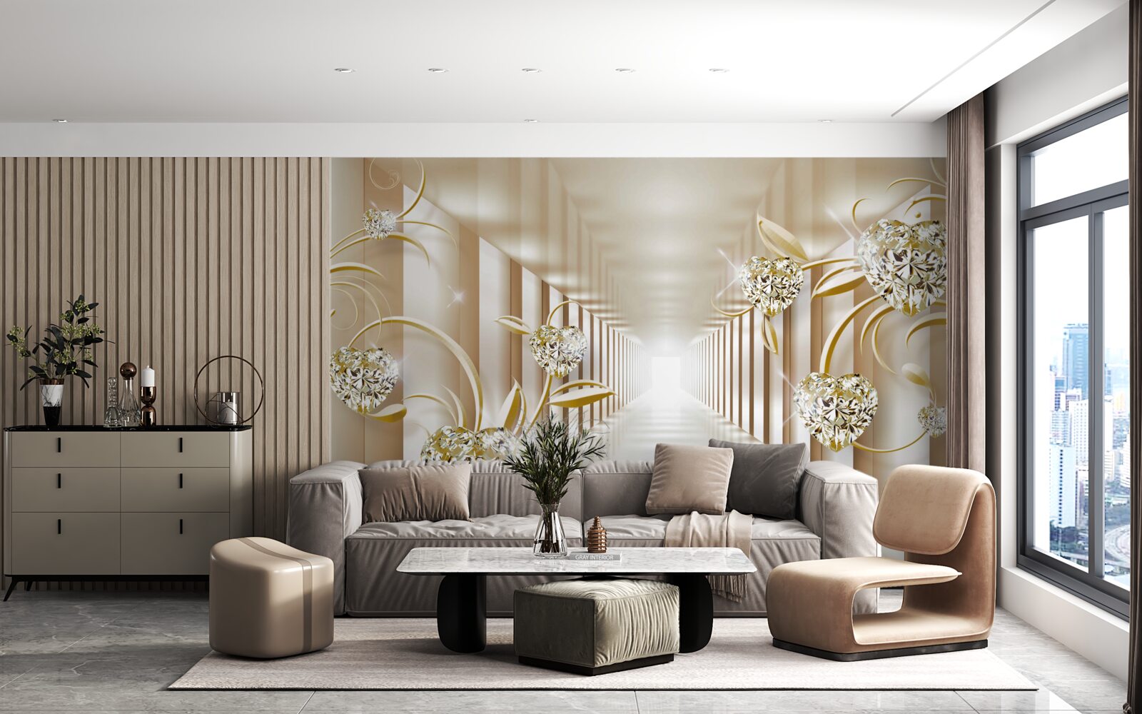 Fotobehang gang met gouden decoraties en abstracte zuilen