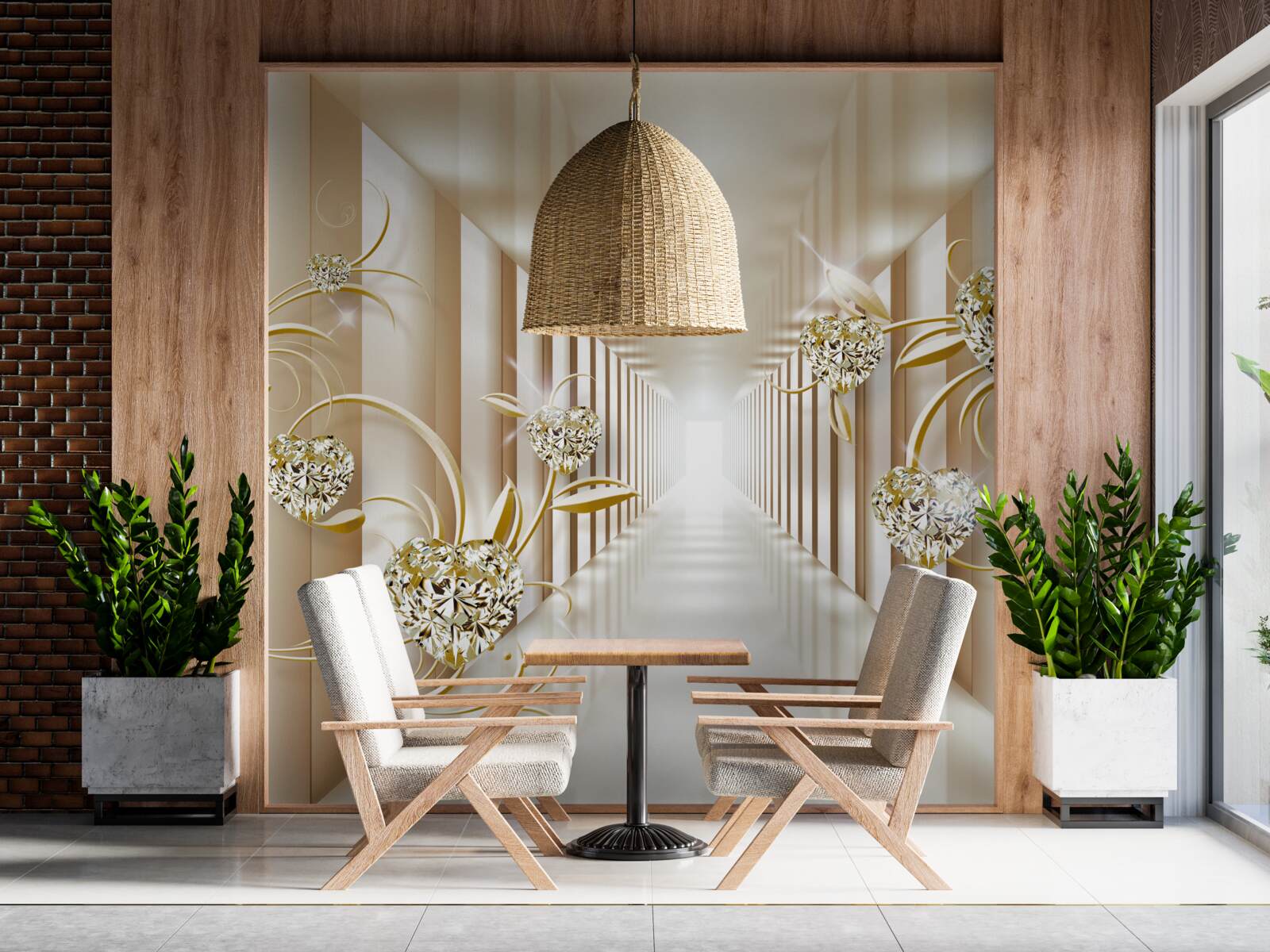 Fotobehang abstracte gang versierd met gouden voorwerpen