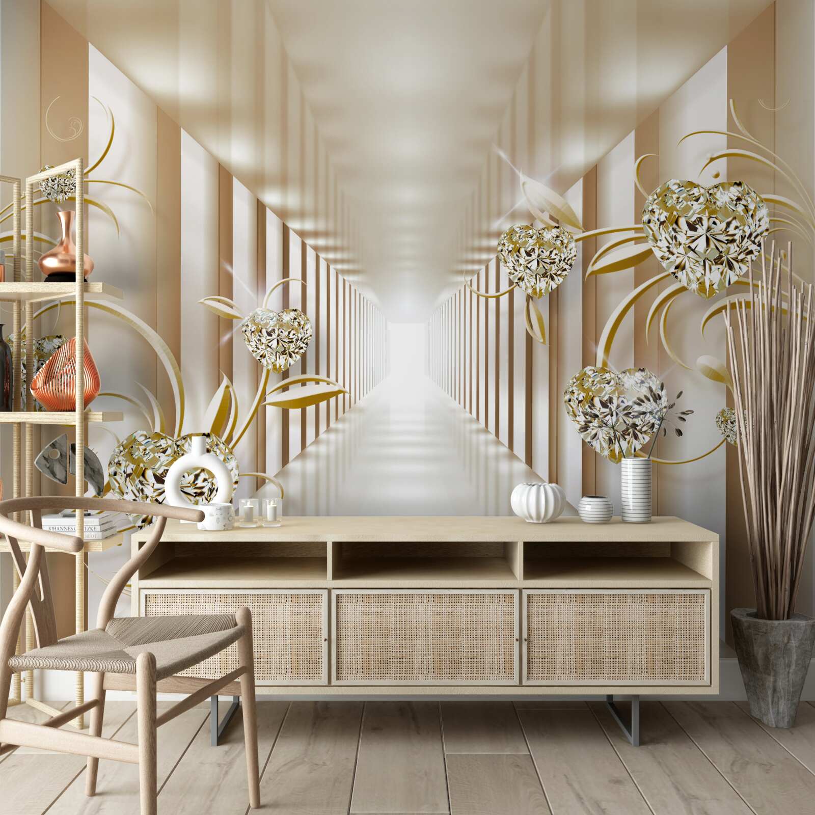 Fotobehang abstracte gang versierd met gouden voorwerpen