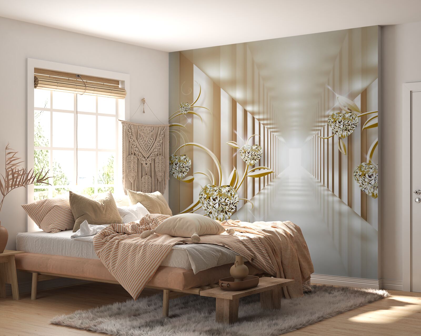 Fotobehang abstracte gang versierd met gouden voorwerpen