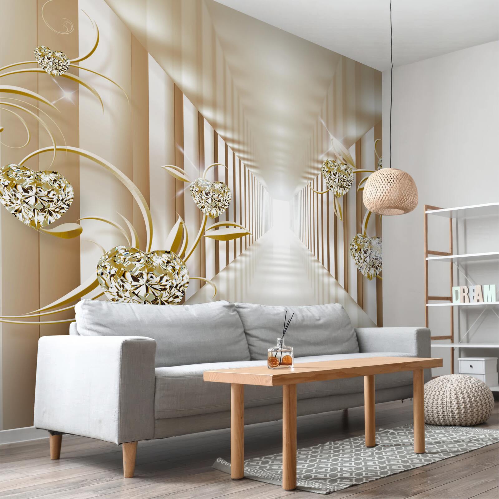 Fotobehang abstracte gang versierd met gouden voorwerpen