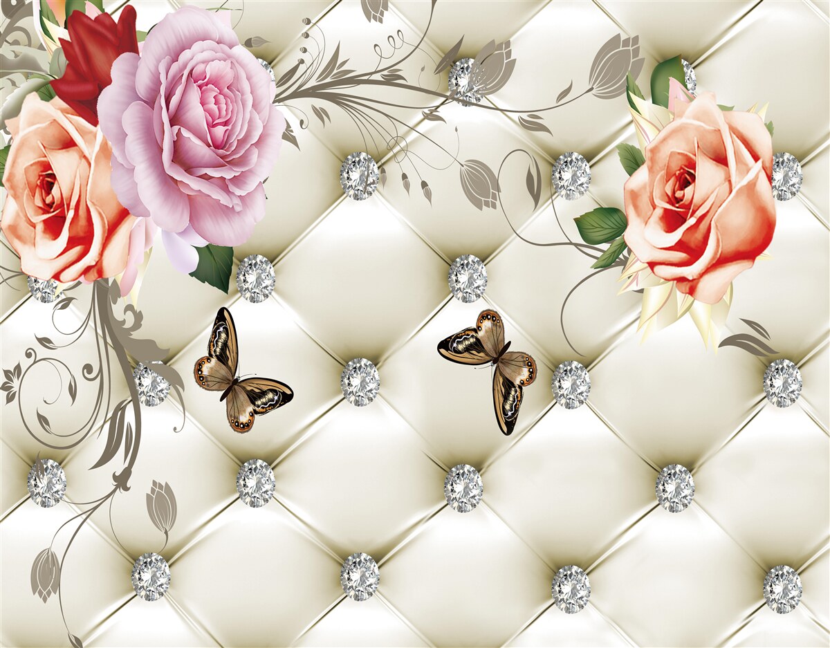 Fotobehang stoffen decoratie in de vorm van vlinders en rozen