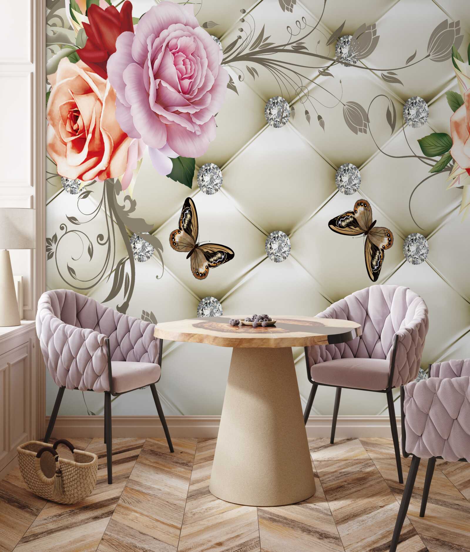 Fotobehang stoffen decoratie in de vorm van vlinders en rozen