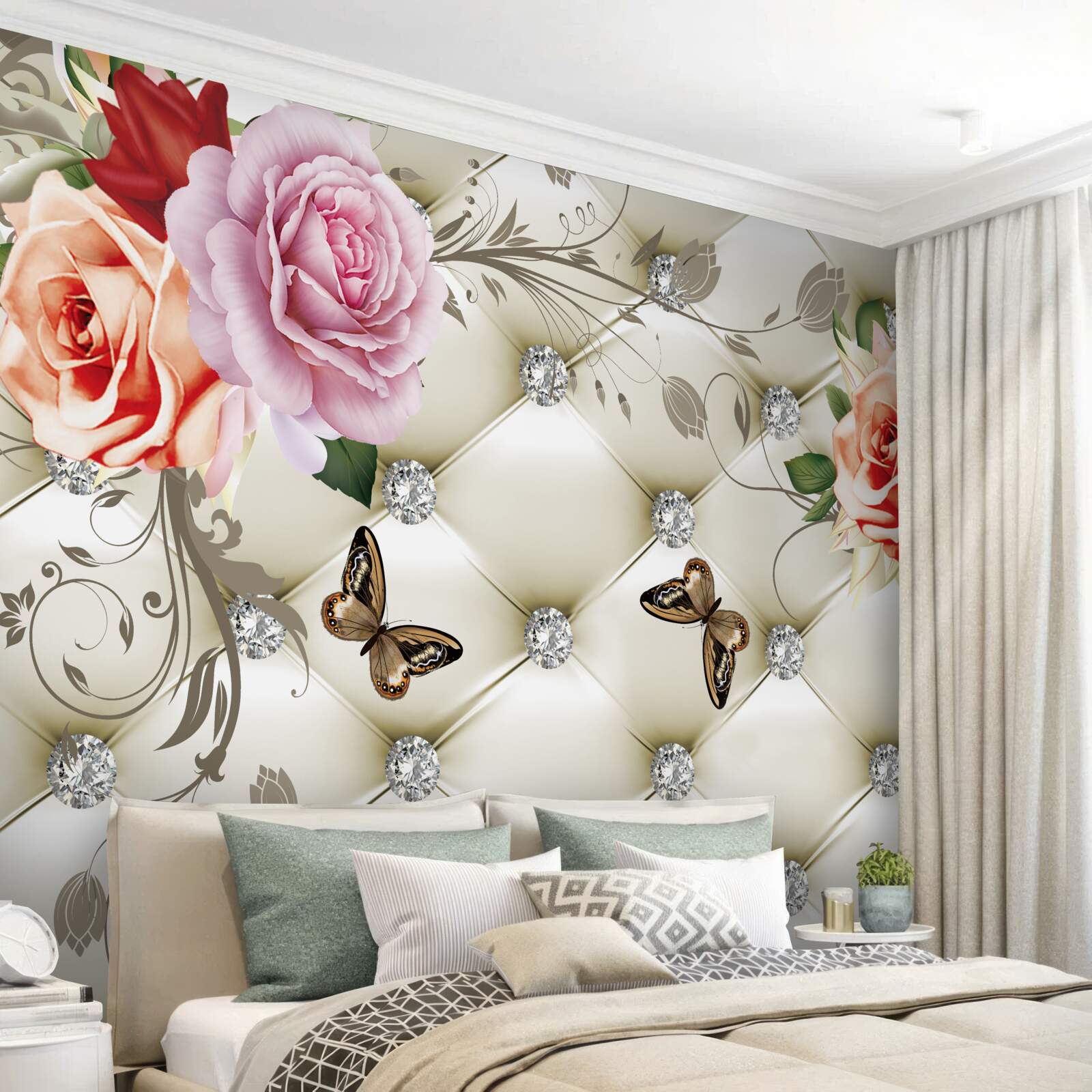 Fotobehang stoffen decoratie in de vorm van vlinders en rozen