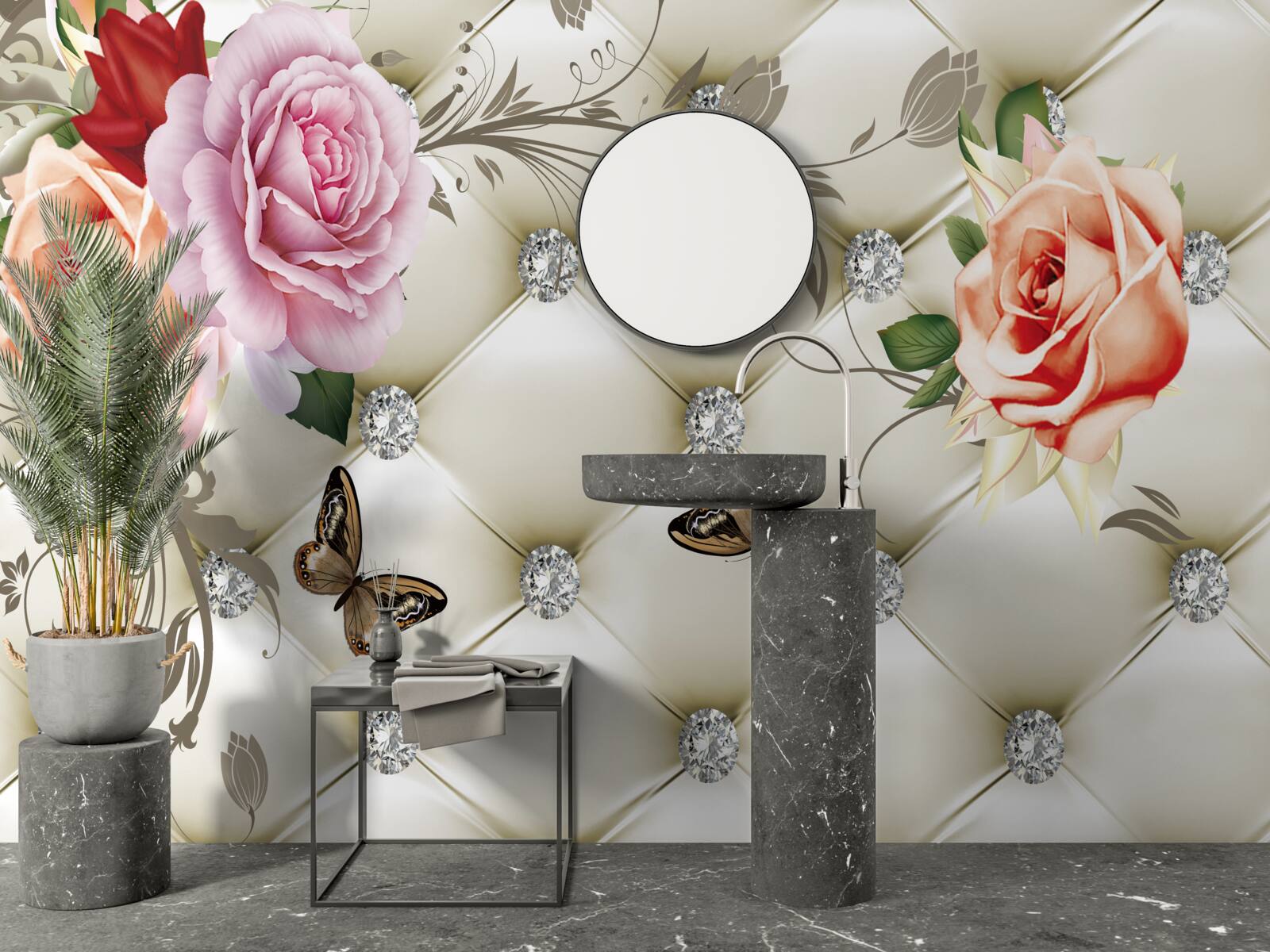 Fotobehang stoffen decoratie in de vorm van vlinders en rozen