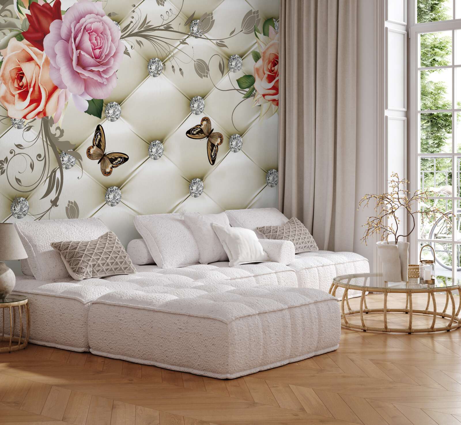 Fotobehang stoffen decoratie in de vorm van vlinders en rozen