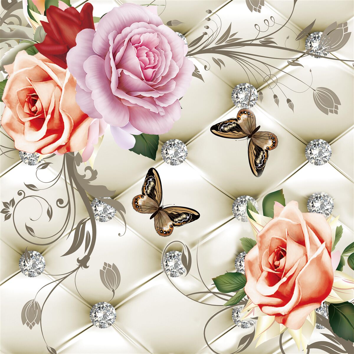 Fotobehang parelrozen met heldere vlinders op de knoppen