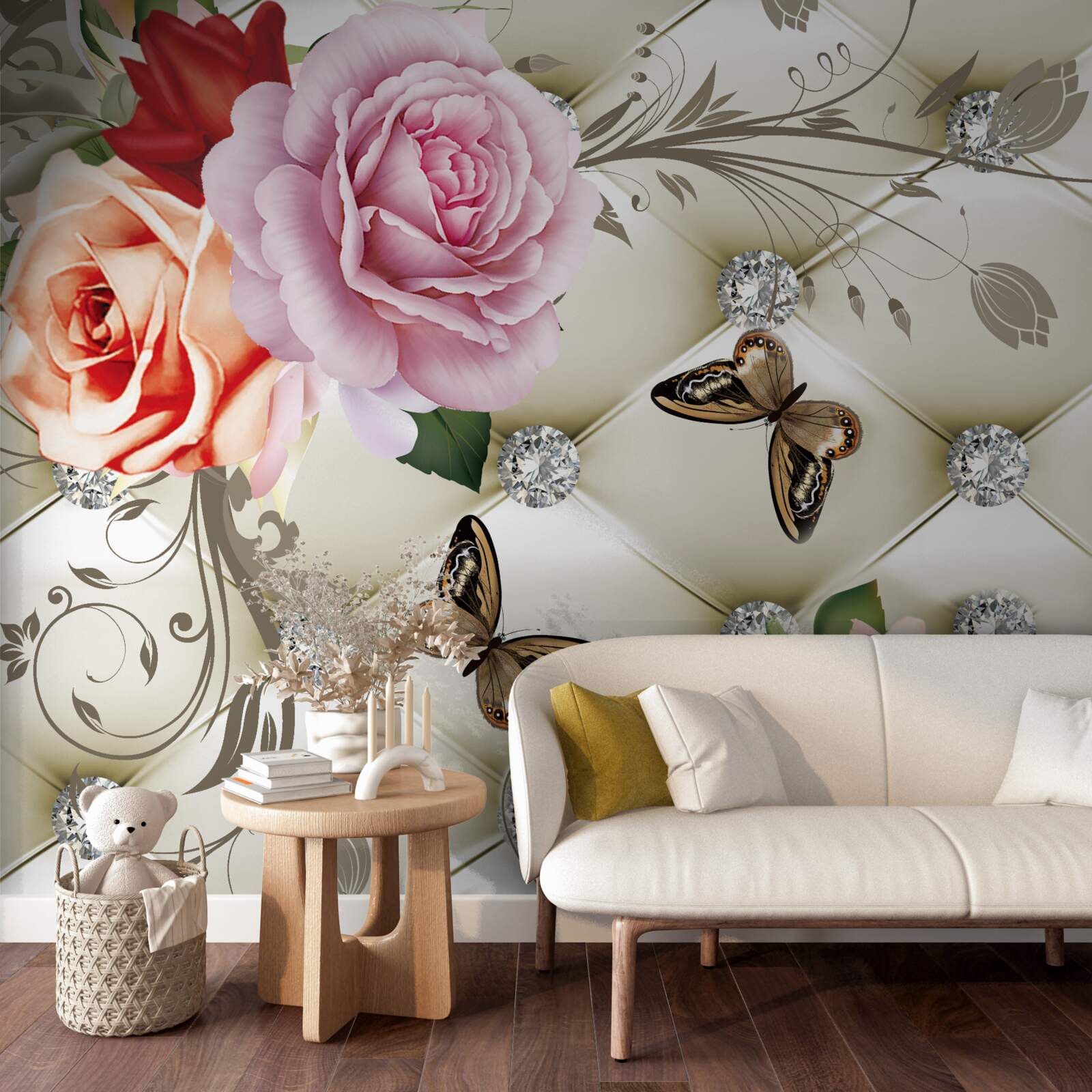 Fotobehang parelrozen met heldere vlinders op de knoppen