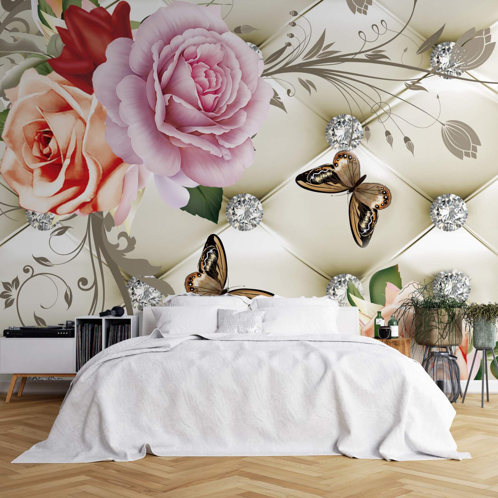 Fotobehang parelrozen met heldere vlinders op de knoppen